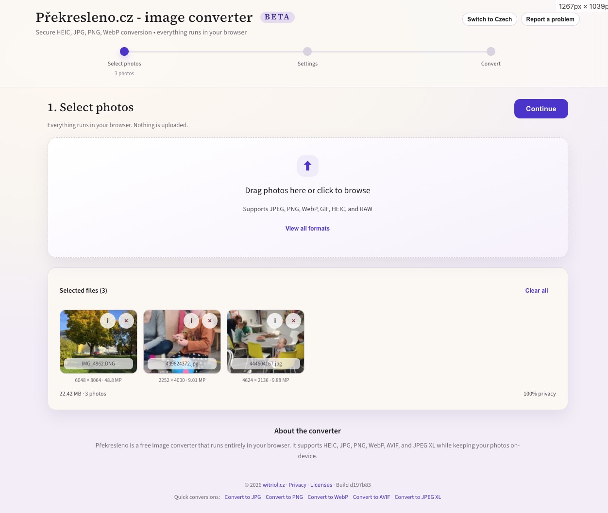 Překresleno.cz – format selection and settings