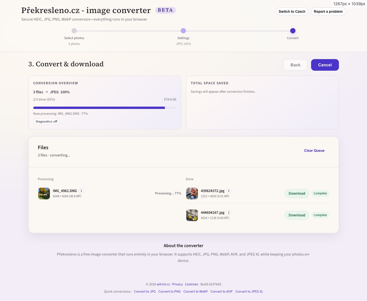 Překresleno.cz – batch conversion queue and download